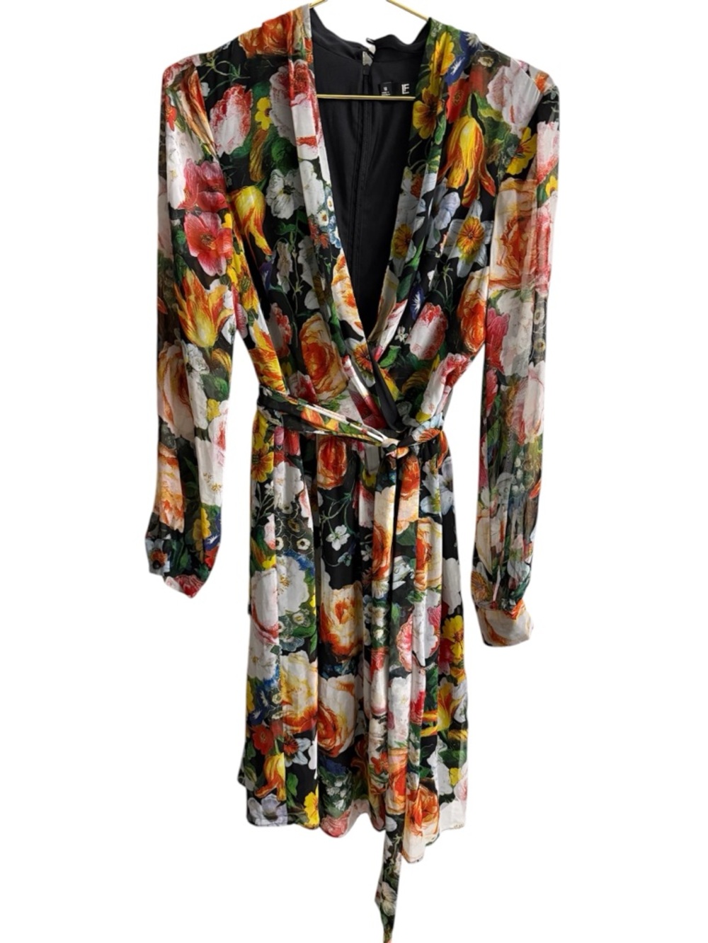 Leslie Fay Black Floral Wrap Dress with Multicolor Blooms
